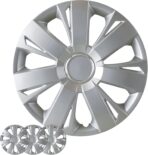 Hubcaps 4-Pack Kit, 14 inch Hub Caps Set of 4 Wheel Covers with Universal Snap-On Retention Rings, 1-Tone ABS Plastic Silver Car Rims for All Models (SG-5077-B-14)