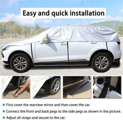Half Car Cover with Cotton All Weather Car Body Covers Outdoor Indoor for All Season Waterproof Dustproof UV Resistant Snowproof Universal (Fit MPV/SUV Length 184'' to 195''), Silver - Image 2