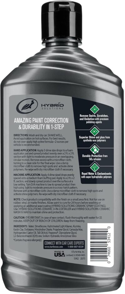 Turtle Wax Hybrid Solutions Ceramic Car Polish and Wax, Light Scratch Remover, Durable Paint Protection, Extreme Water Beading, High Gloss Shine, Hand or Machine Polisher Use, 14 oz (Pack of 1) - Image 6