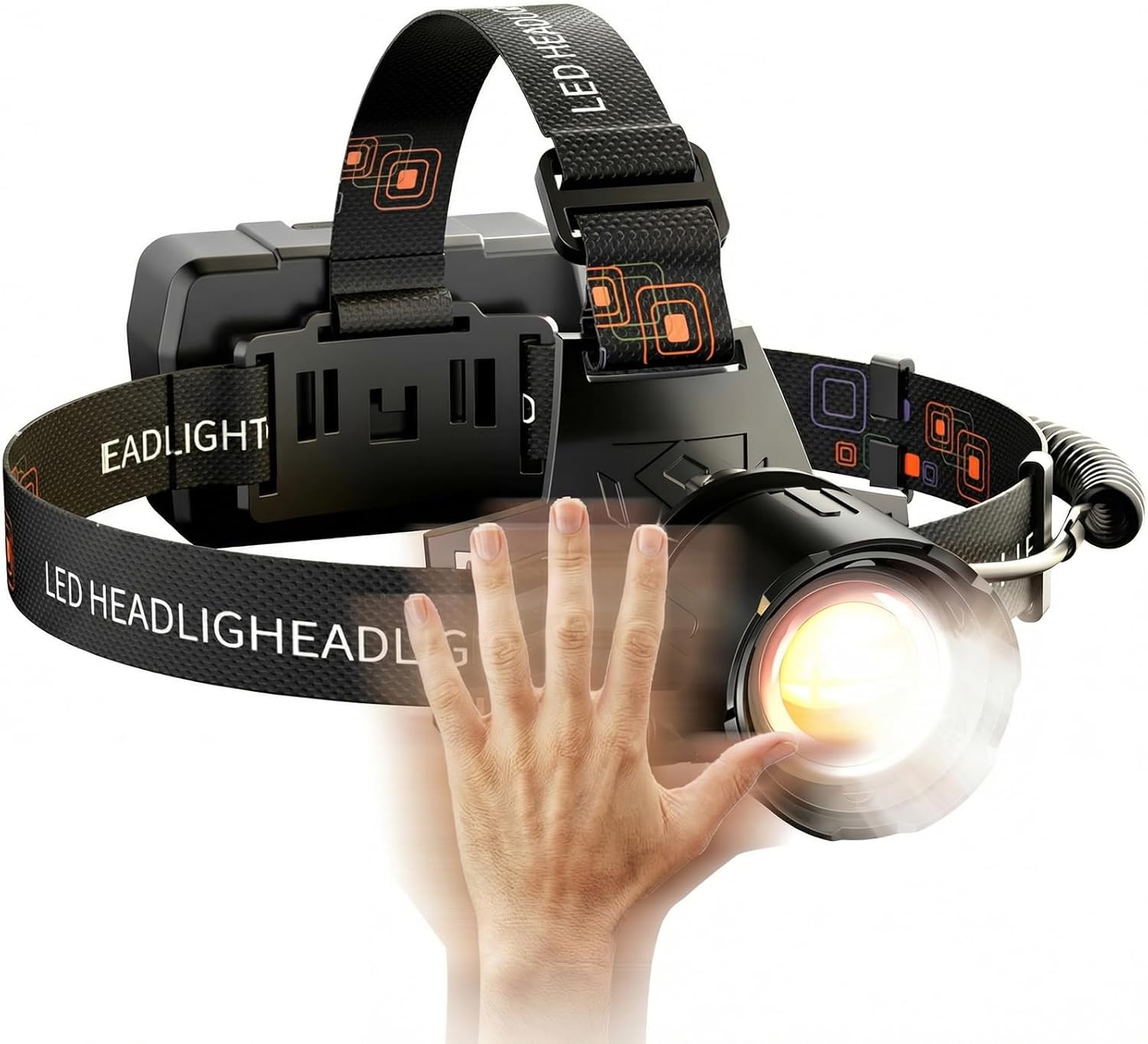 71sgb5-U3gL._AC_SL1500_.jpg SKYFIRE Rechargeable Headlamp 3000 Lumens Motion Sensor, LED Super Bright Head lamp with 7500mAh Battery, Zoomable 13 Modes 90° Adjustable Waterproof Head Light for Running Cycling Camping Hiking - Image 1