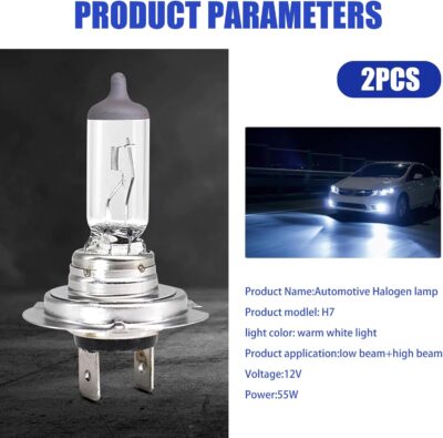Pack-2 Car H7 Halogen Bulbs, 55W 12V Quartz Lamp, Super Bright Beam Low/High Beam Fog Light Replacement, All-in-one Plug and Play Bulb, Universal Lighting Accessories for Cars (White Light) - Image 2
