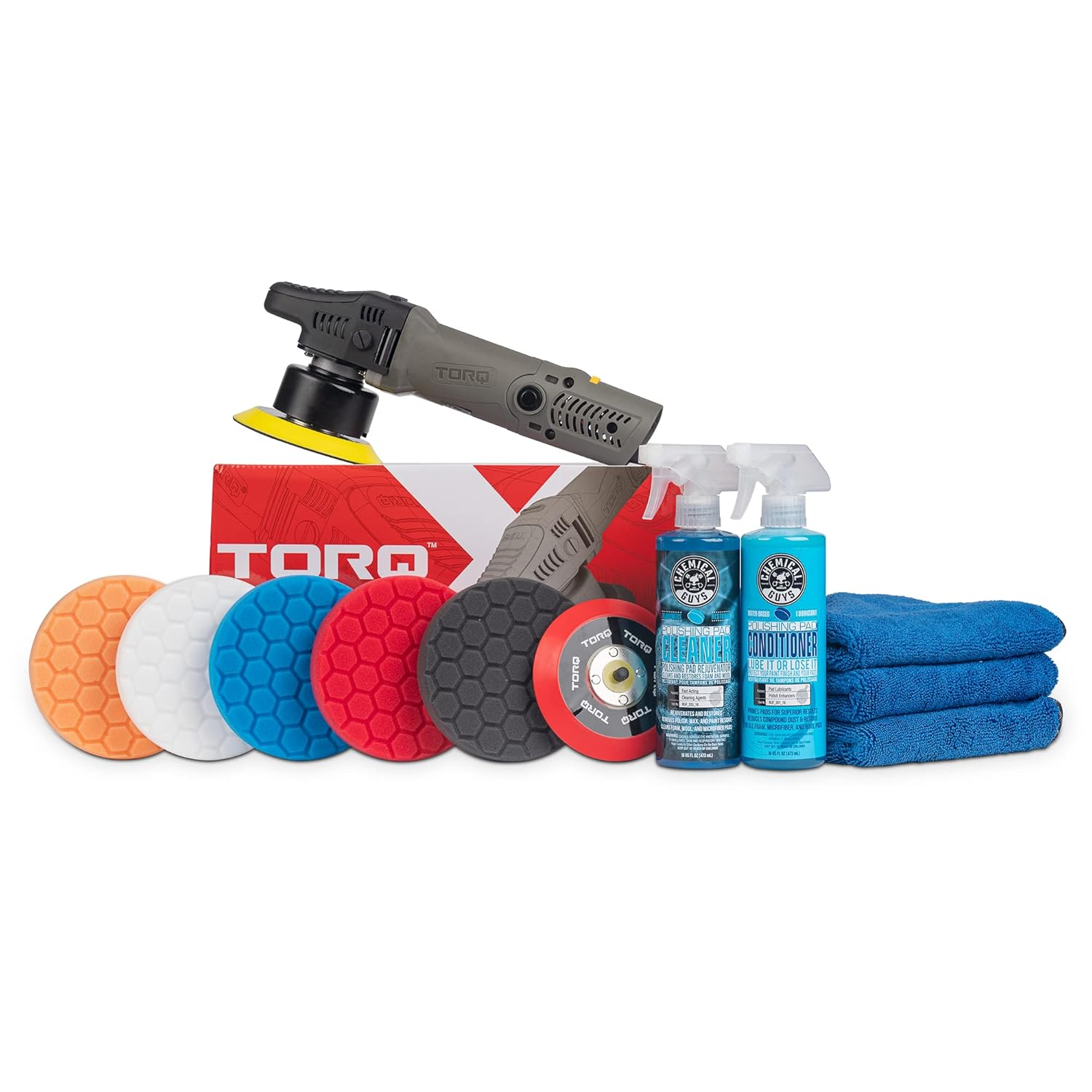 71smJkNqkKL._SL1500_.jpg Chemical Guys TORQX Random Orbital Polisher Complete Car Detailing Kit - Pads, Pad Cleaner, Conditioner & Towels, Safe for Cars, Trucks, SUVs, Motorcycles & More, 700W 8mm Throw - 12-Piece - Image 1