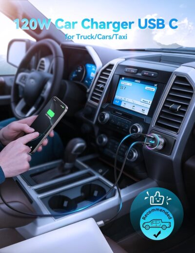 120W Fast Car Charger for iPhone 14 13 12 11-17 Pro Max Plus Mini SE XR XS X 8 7 6, iPad, PD 100W Super Fast Charging & Ultra-Compact Adapter Cigarette Lighter with [USB L Cable to USB C] and USB-C&A - Image 7