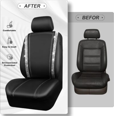 CAR PASS Leather Bling Diamond Car Seat Cover 2 Front Interior Sets, Waterproof Universal Shining Glitter Crystal Sparkle Fit for 95% Automotive Truck SUV Cute Women Girl, Black Silver Rhinestone - Image 5