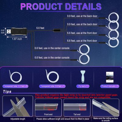 LivTee Smart LED Car Lights Interior with USB Port, LED Strip Fiber Optic Ambient Lighting Car, Wireless App Control, Sync to Music, Car Decorations Interior Accessories Gifts for Women Men, 6 in 1 - Image 4