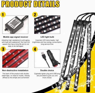 Car Led Interior Lights, RBG 48 LED Multicolor Music Auto Interior Strip Light with APP Control, Waterproof Lighting Lamp Kit Under Dash with Charger, Car Accessories (USB) - Image 3