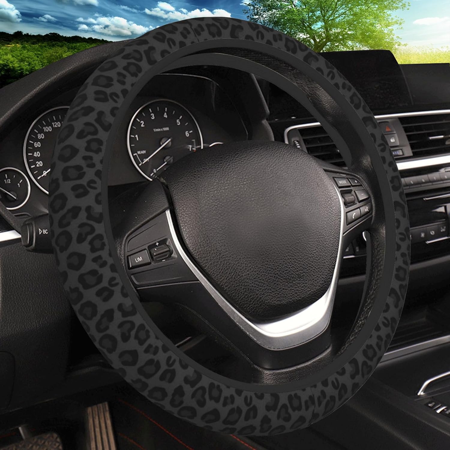 71t1yNpTYUL._AC_SL1500_.jpg Black Leopard Print Cheetah Elastic Steering Wheel Cover, Non-Slip Breathable Neoprene Steering Wheel Covers, Women Leopard Car Accessories, Universal 15 Inch Fit Auto, Suvs, Truck - Image 1