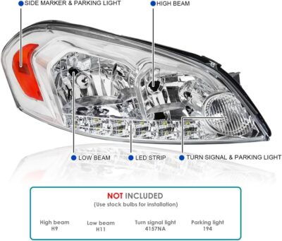 SPEC-D TUNING Chrome Clear Led Headlights W/Amber Reflector Compatible with 2006-2013 Chevy Chevrolet Impala, 2006-2007 Monte Carlo, 2014-2016 Impala Limited, L+R Pair Head Light Lamp Assembly - Image 3