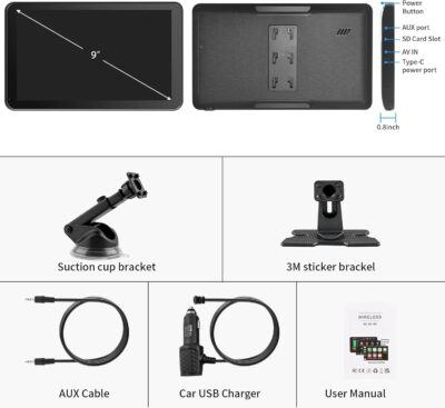 CarPlay Screen for Car, 9'' Wireless CarPlay & Android Auto - Smart Portable Touchscreen with Bluetooth/FM, Mirror Link, Voice Control, GPS Navigation, Hands-Free Calling, Plug & Play Car Play Screen - Image 7