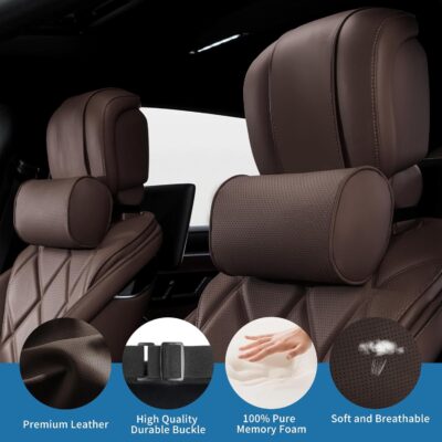 Car Headrest Pillow for Driving - Luxury Leather 100% Memory Foam, Ergonomic Neck Support - Universal Fit Head Rest Travel Pillow for Most Cars, Home & Office, Brown, 1 Pack - Image 3