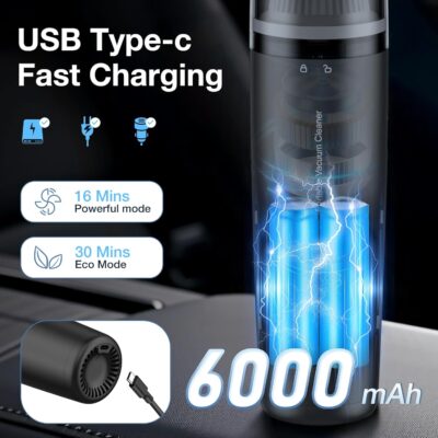 Car Handheld Vacuum Cordless 13000 PA Suction Power, Portable Mini Vacuum Cleaner for Car Home Office and Pet Hair, Black - Image 4