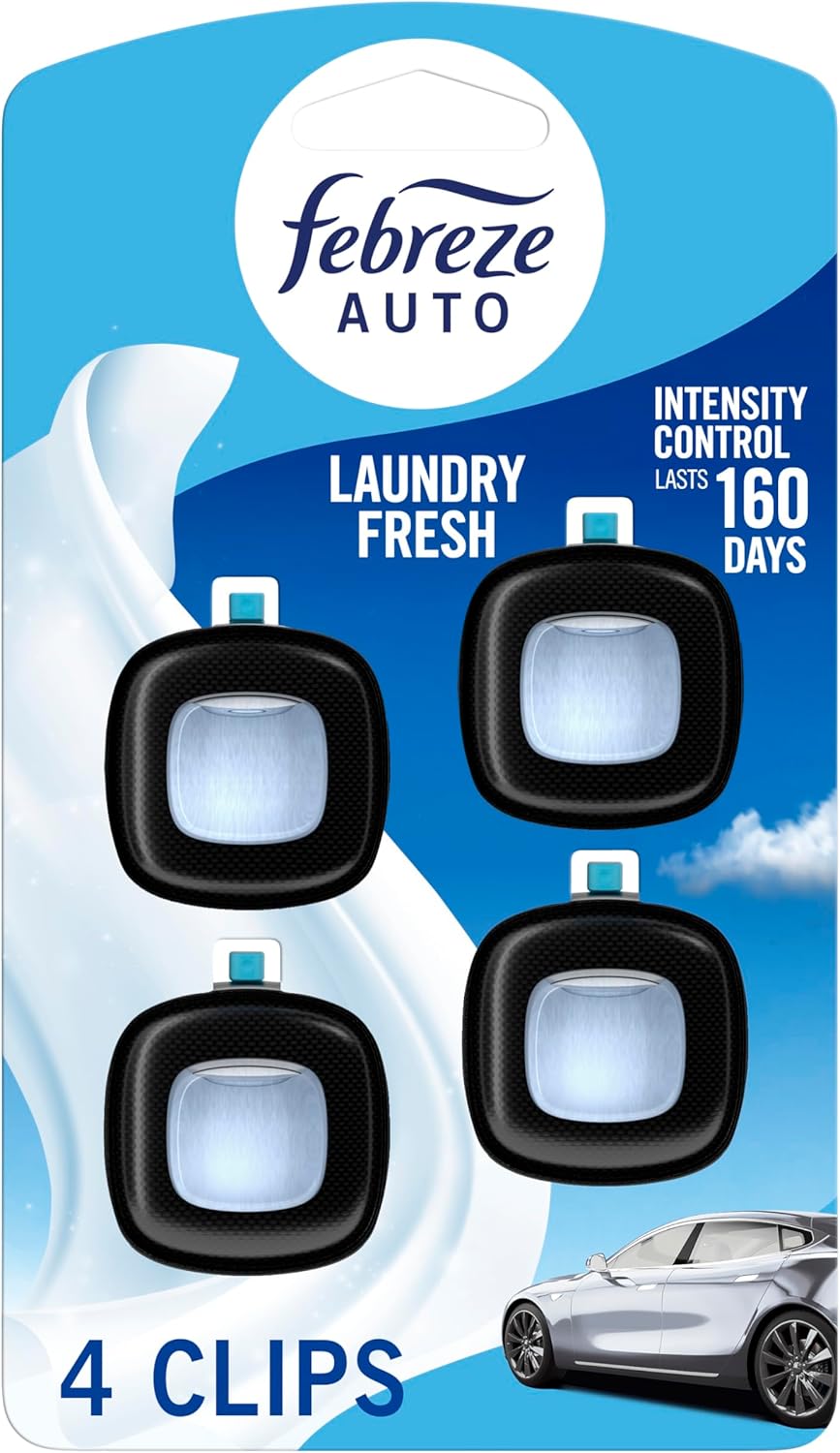 71tOZaXX2BL._AC_SL1500_.jpg Febreze Car Air Freshener Vent Clip Laundry Fresh Scent, .07 oz. Car Vent Clip, Pack of 4 - Image 1
