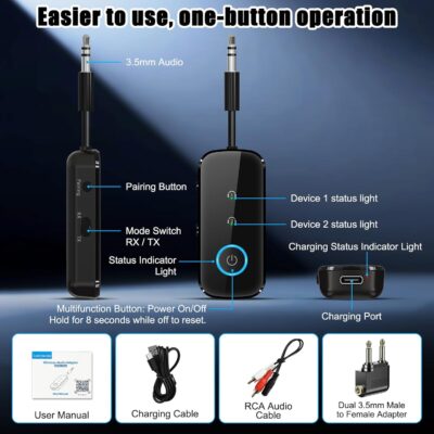 Premium Pro Bluetooth 5.4 Transmitter Receiver,Airplane Audio Adapter,Wireless Transmitter for TV/Travel Flight,Airline,Gym.Compatible with 2 AirPods/Headphones,Bluetooth Receiver for Car/Home Stereo - Image 9