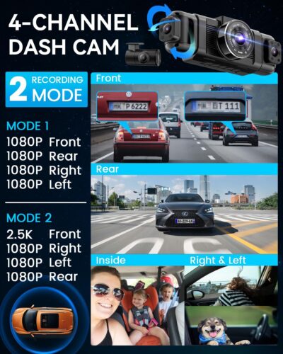 IIWEY N5 4 Channel Dash Cam 360° View, 1080P Front and Rear Inside, Left Right Dash Camera for Cars, 8 IR Lamps Night Vision, 5G WiFi & APP Control, G-Sensor, Parking Mode, with a Free 128GB SD Card - Image 3