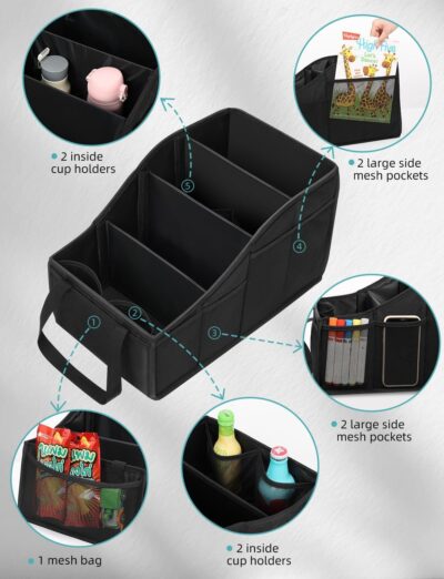 YOHOOLYO Car Seat Organizer Backseat Car Organizer with 4 Compartments, 4 Cup Holders and 7 Mesh Pockets for Front and Rear Seat, Black - Image 4