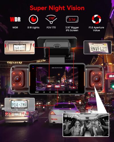 N5 PRO 4K 4 Channel Dash Cam, 360° All-Around View, 1080P Rear and Inside, 5G WiFi 6 - Up to 10MB/s, Built-in GPS, 8 IR Night Vision, G-Sensor, 24H Parking Mode, Free 128GB SD Card Included - Image 4