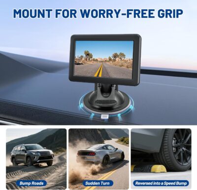 EWAY 4-Hole Direct Fit Suction Cup Mount for Backup Camera 4.3"/5" Monitor, Knob-Lock Adjustable Dashboard Windshield Monitor Mounting Bracket Holder for Car Rear View Camera Screen Display Stand - Image 6
