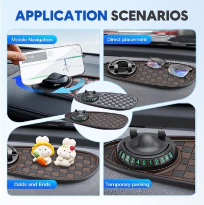 Multifunctional Car Anti Slip Pad, Multifunctional Rotatable Phone Holder Car DashboardMat with Temporary Parking Number, Auto Dashboard Organizer for Phone, Sunglass and Keys (Black-Brown) - Image 7