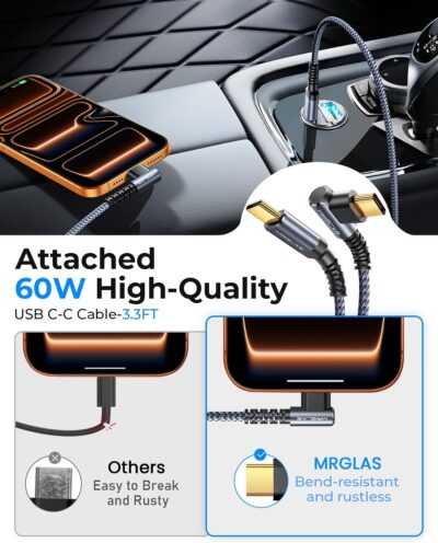 MRGLAS 90W Fast iPhone 17/16 Car Charger, USB C Car Charger with Type C Cable, PD45W & QC45W, Flush Fit, All Metal, Cigarette Lighter RV Power Adapter for iPhone 17 16 Samsung S26 S25 Ultra Pixel 10 - Image 3