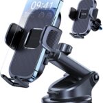 Car Phone Holder Mount, Dashboard Windshield Suction Cup & Air Vent Clip, One-Button Release Hands-Free Clamp, Thick Case Friendly Stand for 4-7 Inch Smartphones