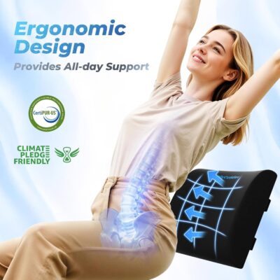 Lumbar Support Pillow for Office Chair Back Support - Memory Foam Lumbar Pillow for Car or Gaming Chair, Ergonomic Back Cushion with Adjustable Strap for Long-Hour Sitting (Black) - Image 3