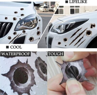 1797 Bullet Holes Stickers Decals Car 3D Fade Funny Lifelike Automotive Tattoo Hood Front Cover Decorations Accessories Waterproof Door Horrifying Protective Seal 11.4''x9'' - Image 3
