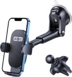 OQTIQ 3-in-1 Car Phone Mount for Dashboard, Windshield & Air Vent – Strong Suction Cup Holder with Adjustable Arm & 360° Rotation – Universal Car Cell Phone Holder for iPhone & Android Smartphones
