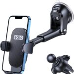 OQTIQ 3-in-1 Car Phone Mount for Dashboard, Windshield & Air Vent – Strong Suction Cup Holder with Adjustable Arm & 360° Rotation – Universal Car Cell Phone Holder for iPhone & Android Smartphones