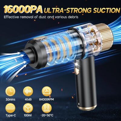 JONYJ Handheld Car Vacuum Cleaner, 16000PA Hand Held Vacuum Portable Cordless, 2 in 1 Air Duster and Vacuum Cleaner with LED Light, Multi-Nozzles, 120W High Power Mini Vacuum for Home, Pet, Office - Image 3