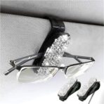 Moly Magnolia 2 PCS Glasses Holders for Car Sun Visor, Fashion Bling Crystal Rhinestones Car Eyeglasses Sunglasses Hanger Mount with Ticket Card Clip for Women Girls (Silver)