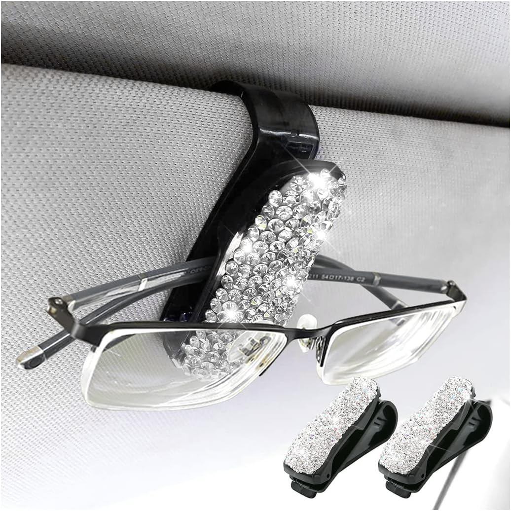 71ugFY6UF7L._AC_SL1200_.jpg Moly Magnolia 2 PCS Glasses Holders for Car Sun Visor, Fashion Bling Crystal Rhinestones Car Eyeglasses Sunglasses Hanger Mount with Ticket Card Clip for Women Girls (Silver) - Image 1
