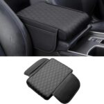 Car Center Console Armrest Pillow with 2 Storage Pockets, Memory Foam Car Armrest Cushion, Leather Car Center Console Cover for Most Vehicle (Black-Upgraded Thickened)