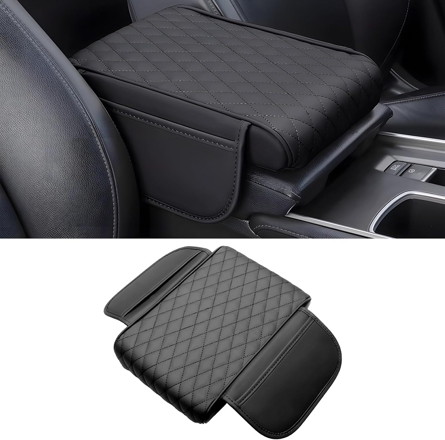 71uhKWiAvWL._AC_SL1500_.jpg Car Center Console Armrest Pillow with 2 Storage Pockets, Memory Foam Car Armrest Cushion, Leather Car Center Console Cover for Most Vehicle (Black-Upgraded Thickened) - Image 1