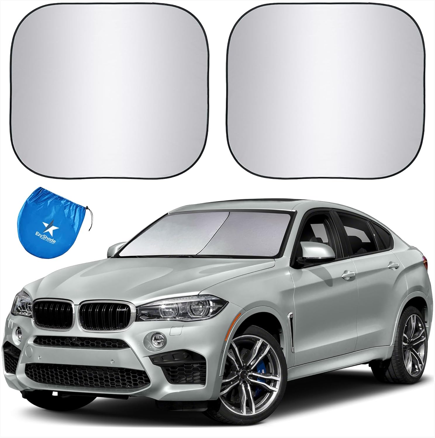 71uxLb-f81L._AC_SL1500_.jpg EzyShade Windshield Sun Shade with Shield-X Reflective Technology. See Size-Chart with Your Vehicle. Foldable 2-Piece Car Sunshades Reflect UV Sun and Heat and Protect Your Car. Standard (Medium) Size - Image 1
