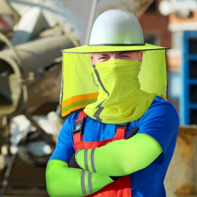 SATINIOR 3 Pcs Sun Hard Hat Neck Protection High Visibility Full Brim Mesh Sun Protection Bandana Headband Arm Sleeves with Reflective Strap for Construction Helmet Hard Hat(Neon Yellow) - Image 5