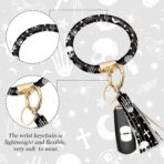 4 Pieces Black Moons White Stars Print Car Accessories Set Black Moons White Stars Steering Wheel Cover with 2 Pieces Car Cup Holder and Leather Keyring for Truck Suv(Horror Pattern) - Image 4