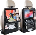 2-Pack Leather Car Backseat Organizer with Tablet Holder–Foldable Food Tray,Storage Pockets,Trash Can,Tissue Holder & Insulated Bag–Kick Mats Protector for Kids,Travel Accessories Organizer