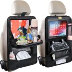 2-Pack Leather Car Backseat Organizer with Tablet Holder–Foldable Food Tray,Storage Pockets,Trash Can,Tissue Holder & Insulated Bag–Kick Mats Protector for Kids,Travel Accessories Organizer