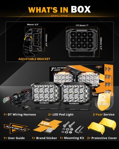 Auxbeam 7Inch LED Pod Lights, V-MAX Series 204W Rectangle Offroad Driving Spotlight with Amber DRL & Backlight, 270° Side Shooter Ditch Auxiliary Spot Flood Combo Beam for Truck Jeep Pickup SUV ATV - Image 7