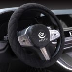 Soft Car Steering Wheel Cover for Sedan, SUV, Warm Luxury Velvet, Odorless, Universal, Anti Slip, Summer Winter, Black, Large Size[15" 1/2-16"](39-41cm)