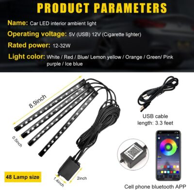 Car Led Interior Lights, RBG 48 LED Multicolor Music Auto Interior Strip Light with APP Control, Waterproof Lighting Lamp Kit Under Dash with Charger, Car Accessories (USB) - Image 2