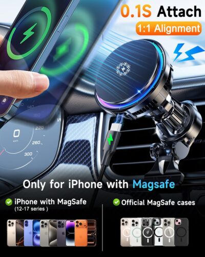 2026 Upgrade TEC & Fan Dual Cooling Magnetic Wireless Car Charger, For Magsafe Car Charger Mount, RGB, Air Vent 15W Fast Wireless Charging Car Phone Holder for iPhone 17/16/15/14/13/12, Samsung ＆Pixel - Image 5