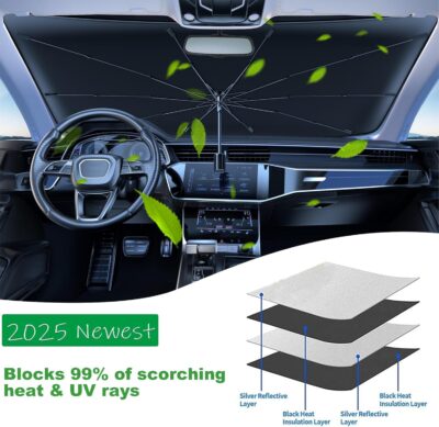 Windshield Sun Shade 2025 Car Accessories 100% Blackout Car Front Windsow Shades Umbrella Automotive Sun Visor Block Heat Insulation Protection (Gry Eyes) - Image 3