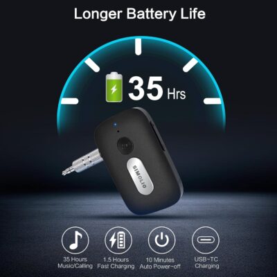 SIMOLIO Bluetooth Receiver for Car, 35H Battery Life, Volume Control, Noise Cancelling 3.5mm AUX Bluetooth Car Adapter, Wireless Audio Receiver for Home Stereo/Wired Headphones/Handsfree Calls - Image 3