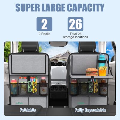 Car Backseat Organizer with Tablet Holder,11 Storage Pockets with Foldable Food Tray, Protector Kick Mats for Kids, Travel Accessories Organizer (Gray, 2Pack with Food Tray) - Image 2