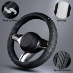 CAR PASS Leather Rubber Steering Wheel Covers Set,Heavy Duty Steering Wheel Covers&Mobile Phone Holder, Tire Tread Pattern Design,Non-Slip Wear-Resistant,Suitable for Steering Wheel 14 1/2”-15”Black - Image 9
