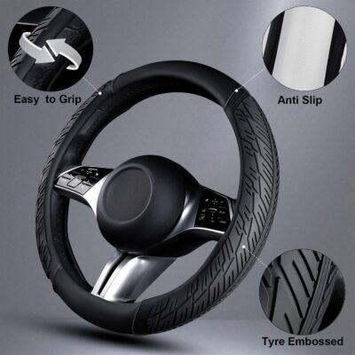 CAR PASS Leather Rubber Steering Wheel Covers Set,Heavy Duty Steering Wheel Covers&Mobile Phone Holder, Tire Tread Pattern Design,Non-Slip Wear-Resistant,Suitable for Steering Wheel 14 1/2”-15”Black - Image 9