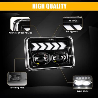 2PCS 4x6 LED Headlights for S10 1995 1996 1997 with High/Low Beam, White DRL Arrow Sequential Amber Turn signals Rectangular DOT 4x6 LED Headlights - Image 6