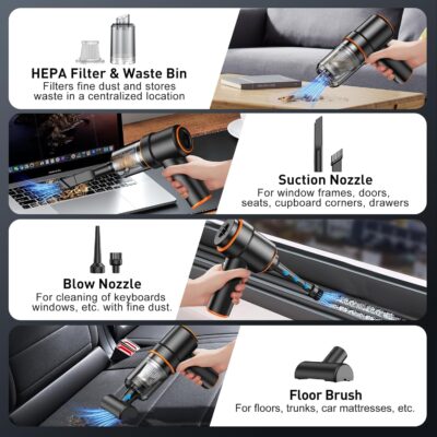 KMM Handheld Car Vacuum Cleaner, 9000PA Vacuum Cleaner & Air Duster, 120W High Power Vacuum Portable Cordless, Hand Held Vacuum Rechargeable with Multi-Nozzles & LED Light for Home, Car, Office - Image 4