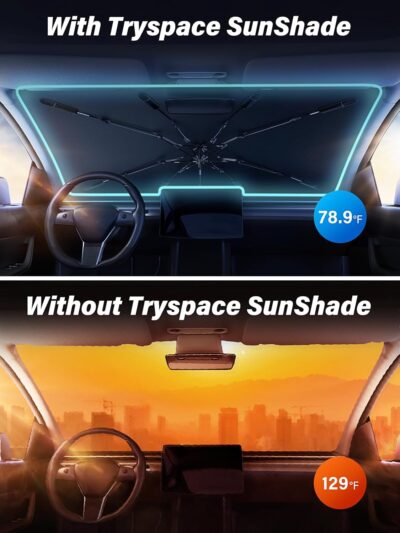 2026 TrySpace Car Windshield Sun Shade Umbrella - [Silver Heat Shield & UV Reflective] Protector for Cars, Universal Fit Medium (56"x31") | 25°F Cooler, Friendly Vinyl Coatings Medium - Image 2